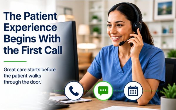 Healthcare agent in blue scrubs with a headset at a computer; page title: 'The Patient Experience Begins With the First Call' with phone, chat, and calendar icons below.
