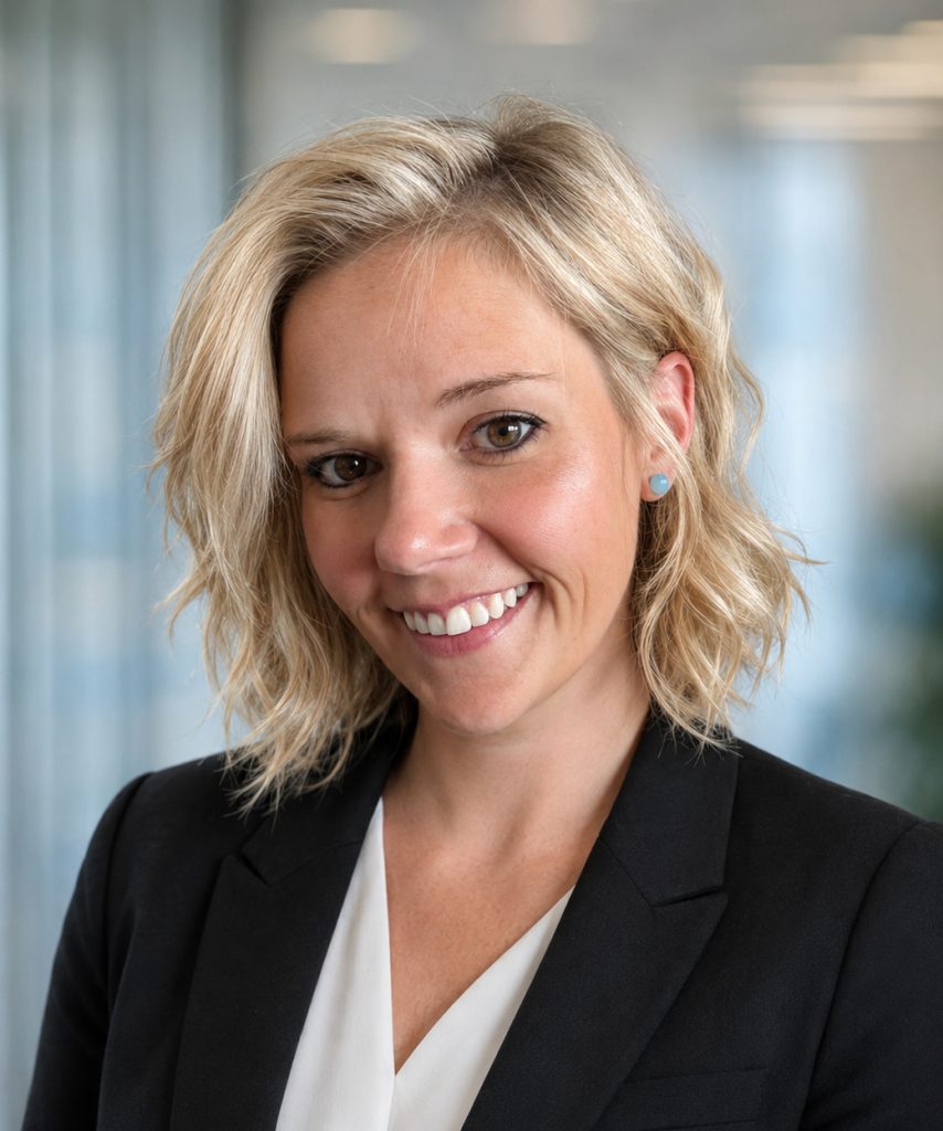 Professional headshot of a smiling woman with short blonde hair wearing a black blazer and white blouse, in an office setting.