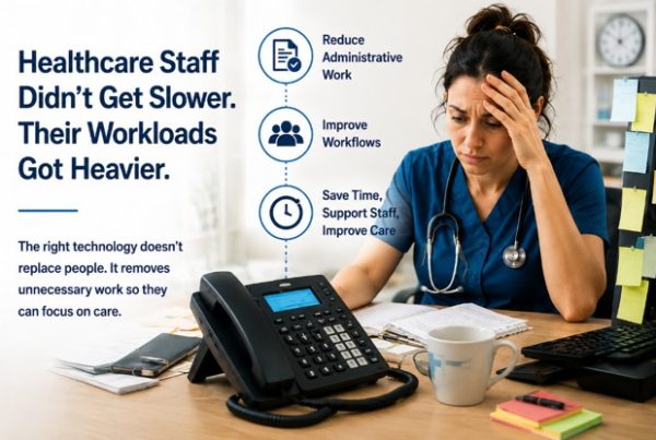 Healthcare staff face heavier workloads; a stressed nurse at a desk with a phone and notes emphasizes the message on the left: 'Healthcare Staff Didn’t Get Slower. Their Workloads Got Heavier.'