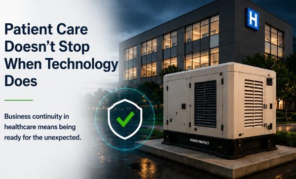 Hospital exterior with a large generator in the foreground and a bold message: 'Patient Care Doesn’t Stop When Technology Does' amid a healthcare theme.