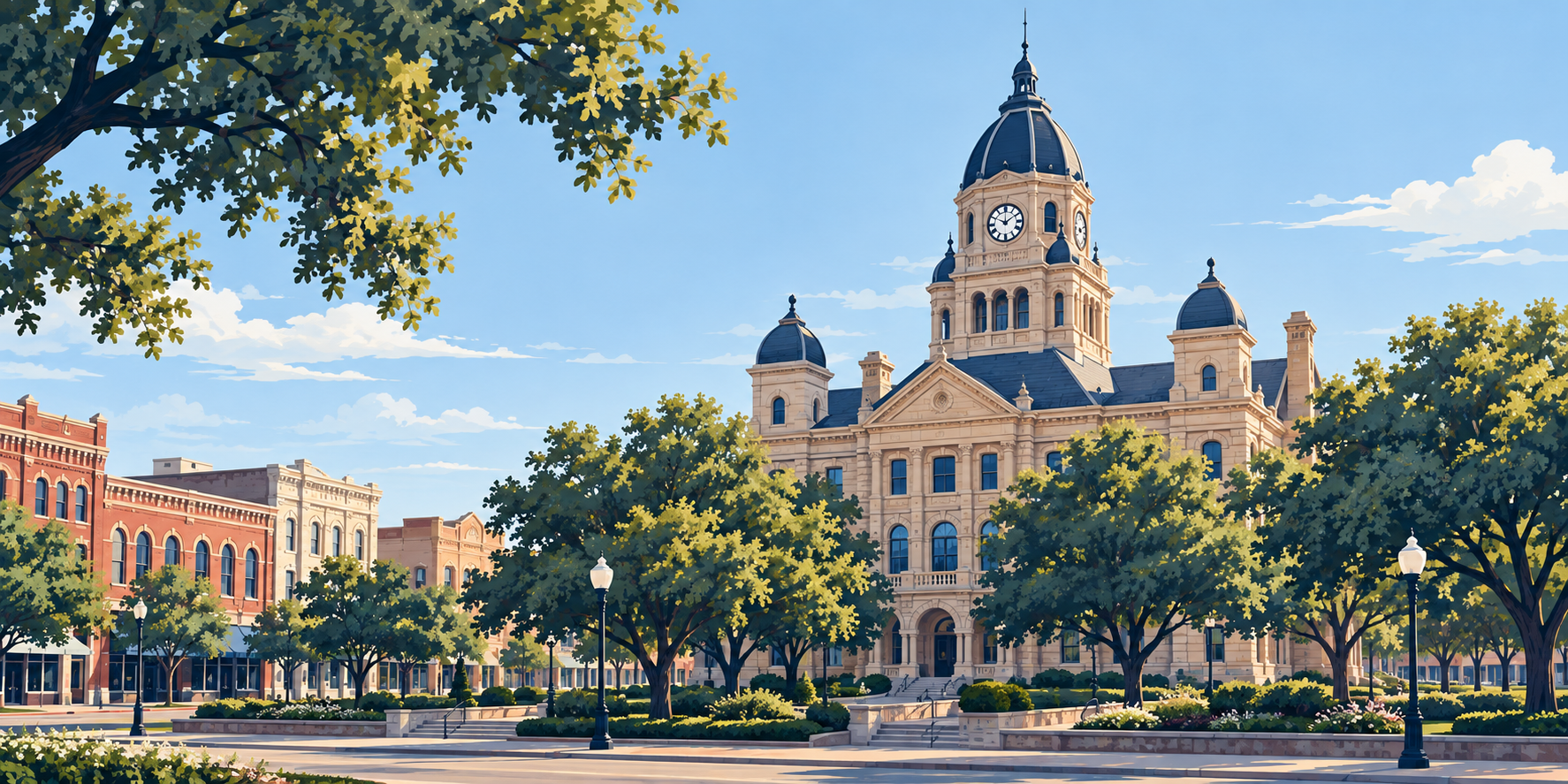 Illustrated Denton, Texas city scene