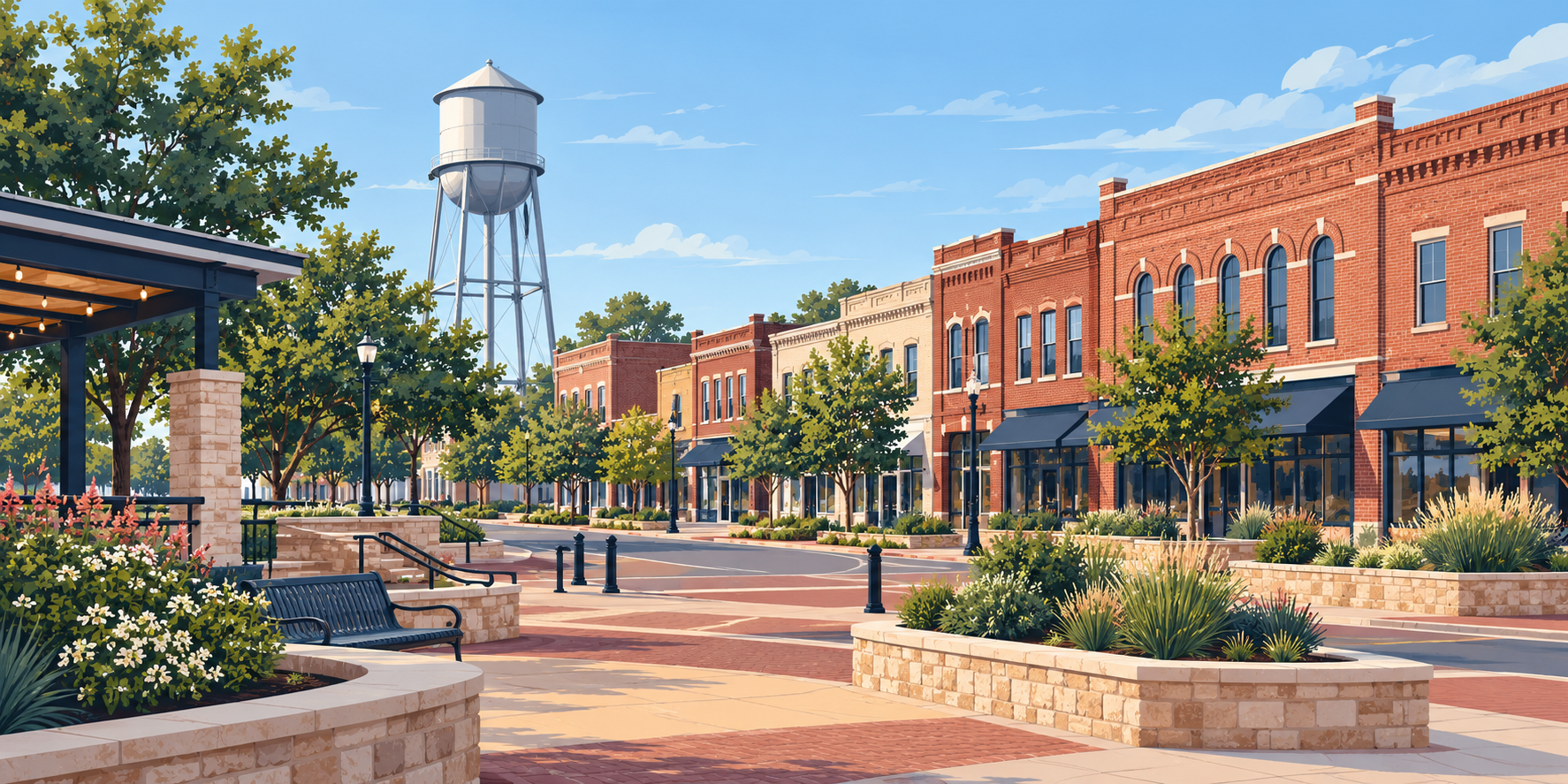 Illustrated Burleson, Texas city scene
