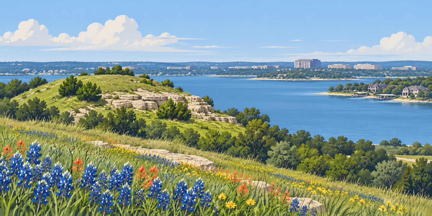 Illustrated Flower Mound, Texas city scene