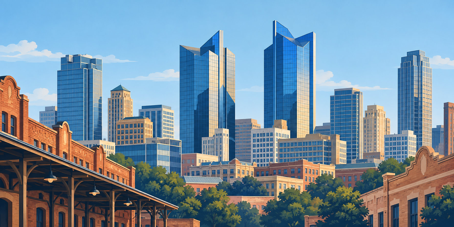 Illustrated Fort Worth, Texas city scene