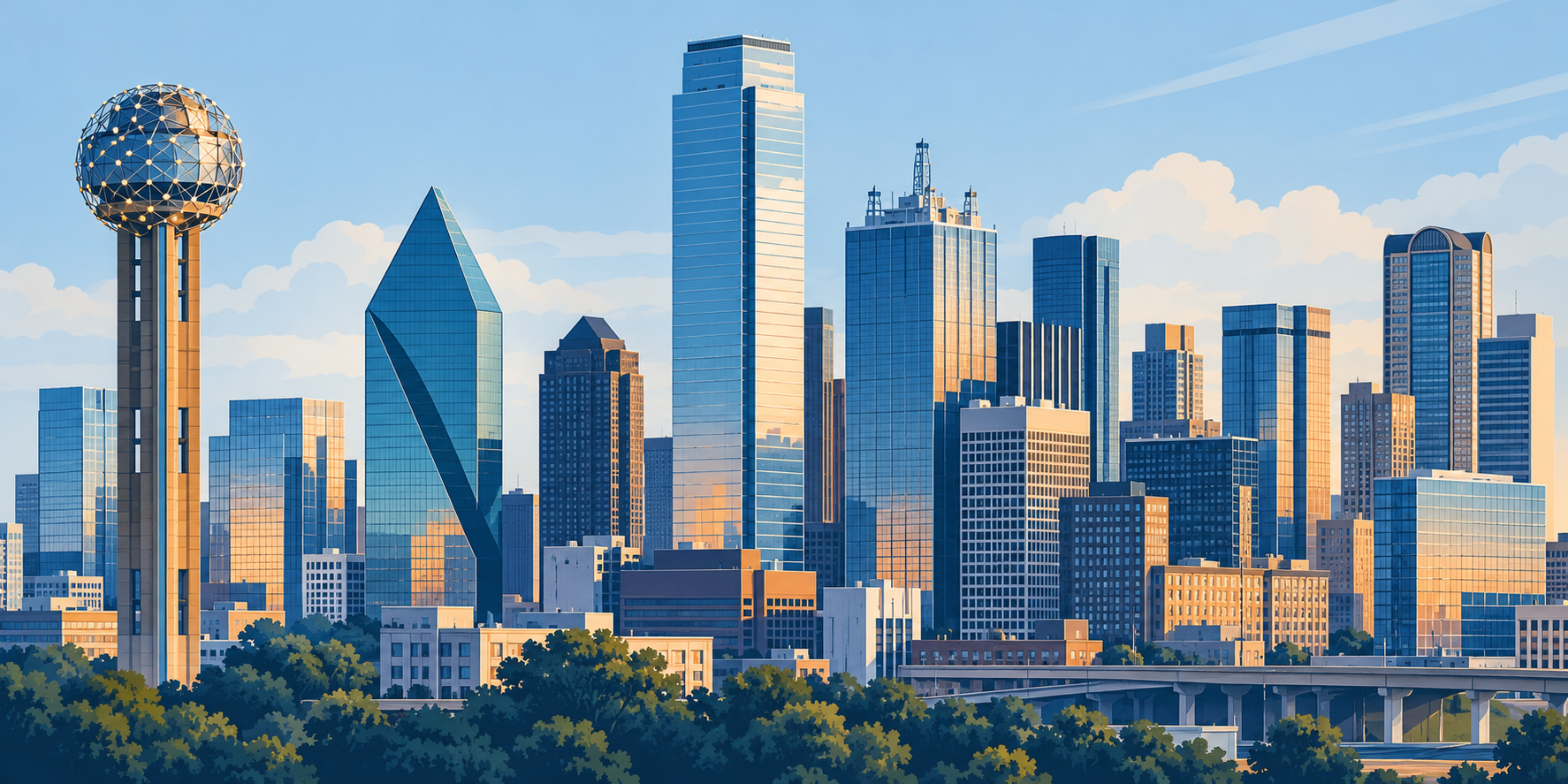 Illustrated Dallas, Texas city scene