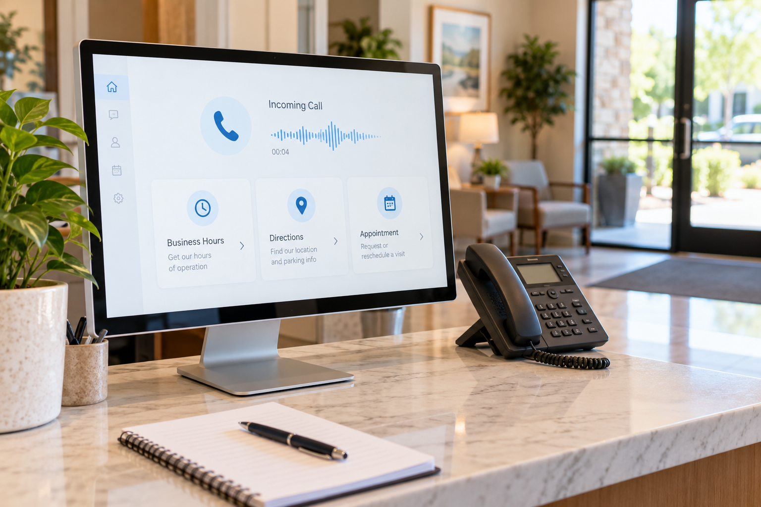 AI receptionist workspace for routine business hours, directions, and appointment calls