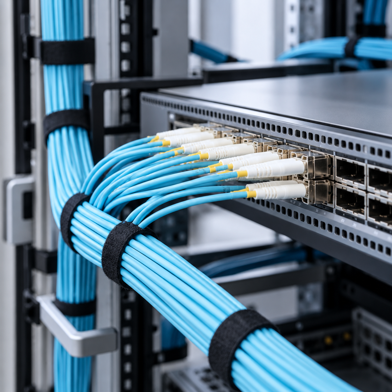 Fiber connections in a business equipment cabinet
