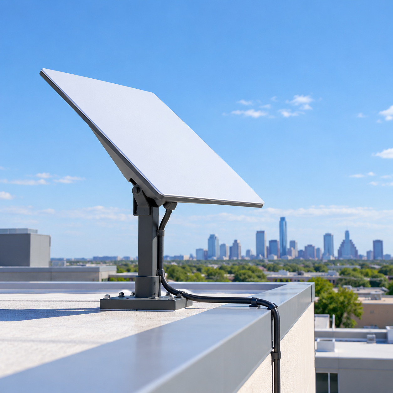 Satellite internet dish on a business rooftop