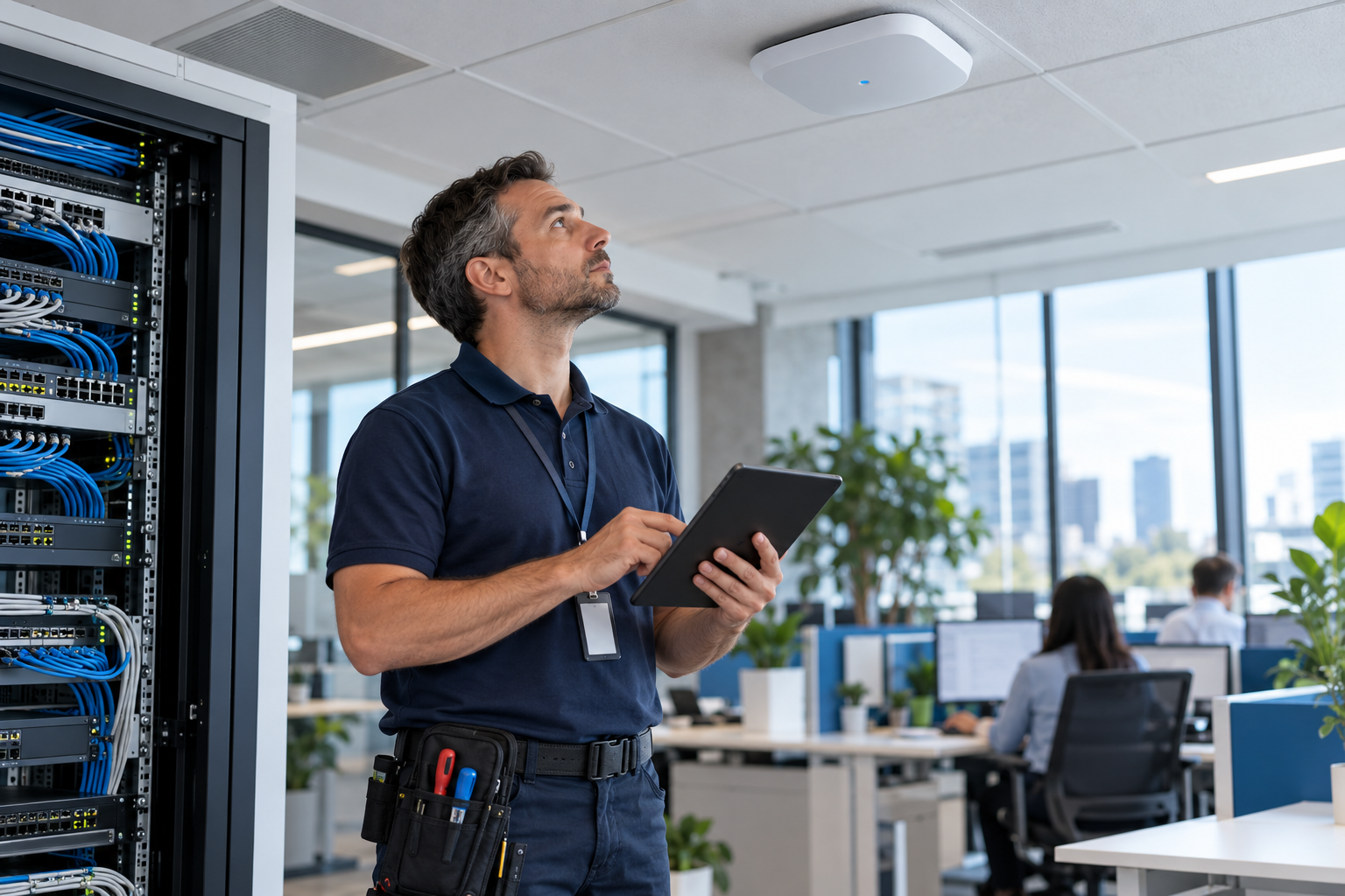 Technician installing a business Wi-Fi access point