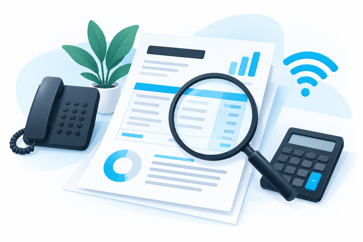 Telecom bill review illustration with a magnifying glass, phone, calculator, and Wi-Fi symbol